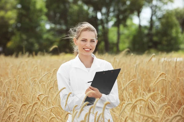 Young agronomist with clipboard in wheat field