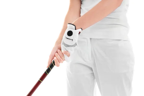 Γυναίκα που κρατά λέσχη γκολφ σε άσπρο φόντο, κοντινό πλάνο — Φωτογραφία Αρχείου