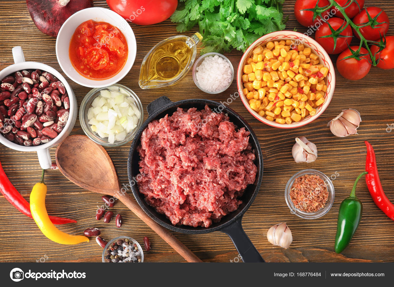 Composition with chili con carne ingredients Stock Photo by ©belchonock