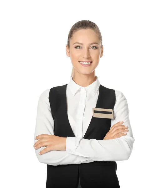 Жіночий рецептор готелю в уніформі на білому тлі — стокове фото