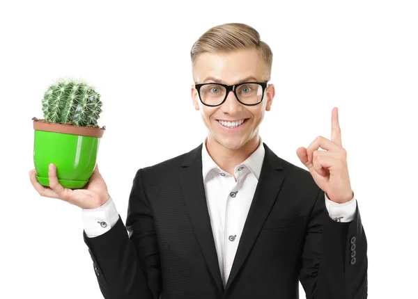 Joven en gafas sosteniendo cactus sobre fondo blanco — Foto de Stock