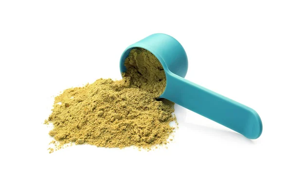 Heap of hemp protein with scoop, isolated on white — Stock Photo, Image