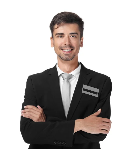 Recepcionista masculino no fundo branco — Fotografia de Stock