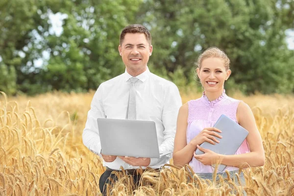 Dos agrónomos con portátil y tableta en campo de trigo — Foto de Stock