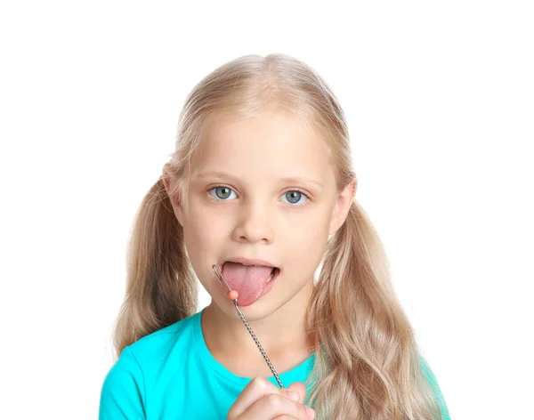 Menina com sonda logopédica para correção de fala — Fotografia de Stock