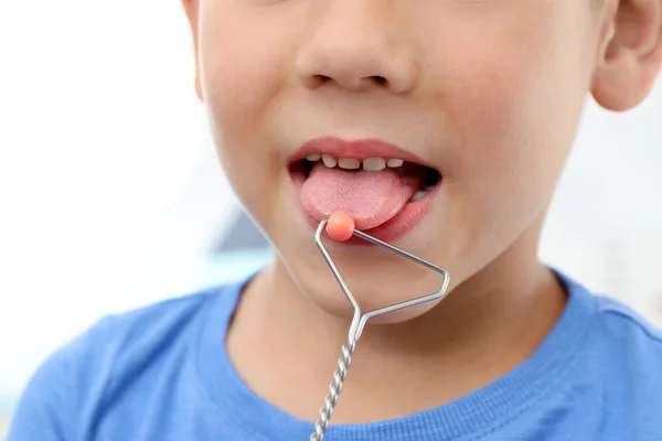 Cute boy with probe, closeup. Speech correction concept — Stock Photo, Image