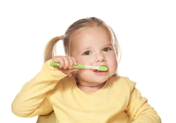 Linda Niña Cepillarse Los Dientes Aislado Blanco — Foto de Stock