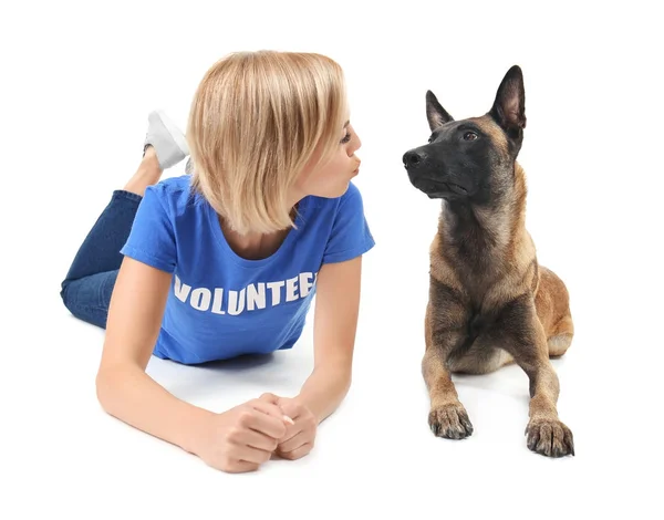Giovane volontaria con cane senzatetto — Foto Stock
