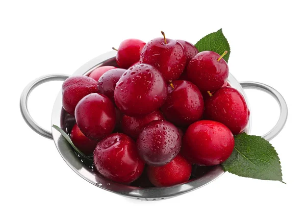 Ripe plums in colander on white background — Stock Photo, Image