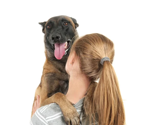 Volontaria donna con cane senzatetto — Foto Stock