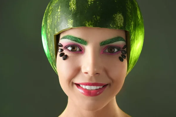 Woman with watermelon helmet — Stock Photo, Image