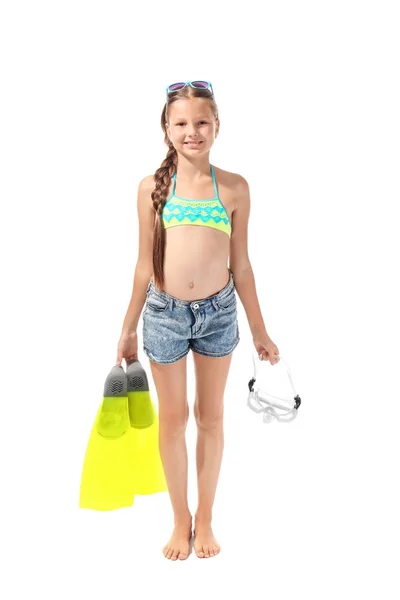 Linda Niña Con Accesorios Snorkel Sobre Fondo Blanco Concepto Vacaciones — Foto de Stock