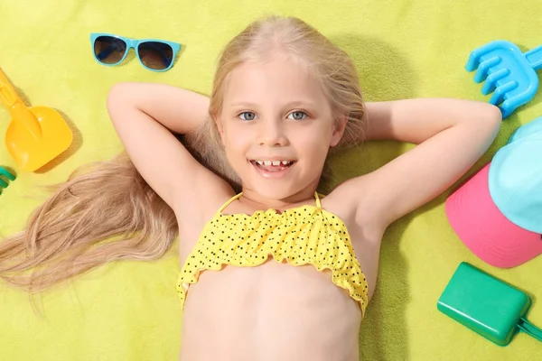 Cute Little Girl Sunbathing Beach — Stock Photo, Image