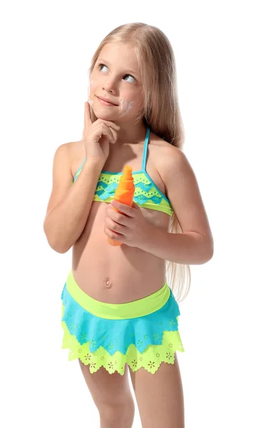 Cute Little Girl Applying Sunscreen Cream White Background Summer Vacation — Stock Photo, Image