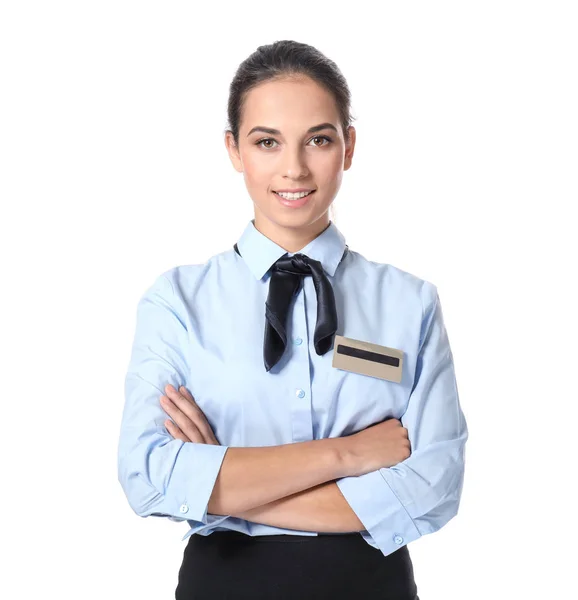 Female hotel receptionist in uniform on white background — Stock Photo, Image