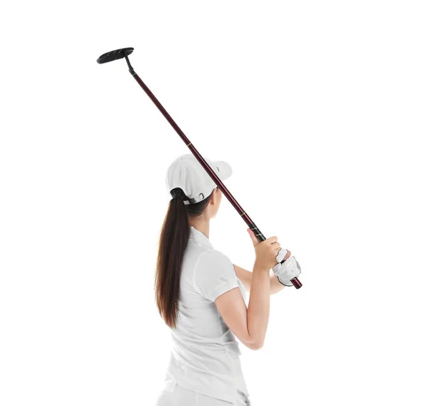 Donna che tiene golf club su sfondo bianco — Foto Stock