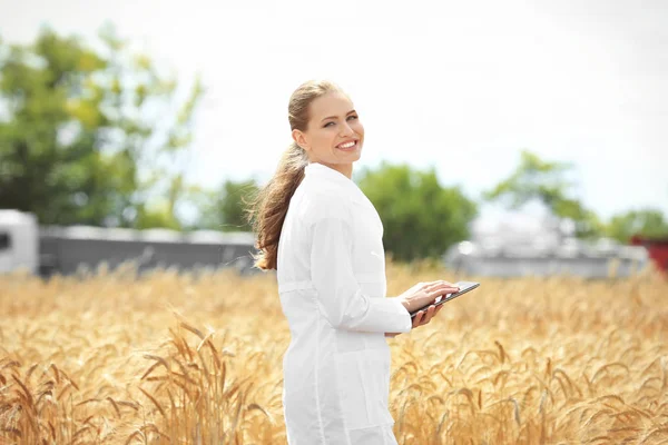 Junge Agronomin mit Tablette im Weizenfeld — Stockfoto