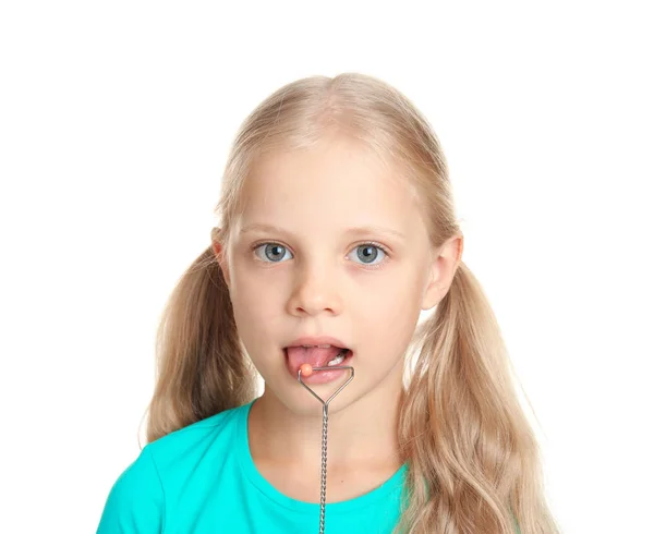 Κορίτσι με logopedic καθετήρα για τη διόρθωση του λόγου — Φωτογραφία Αρχείου