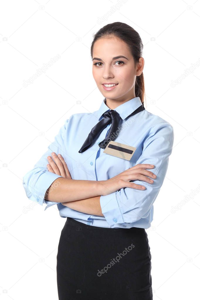 Female hotel receptionist in uniform on white background