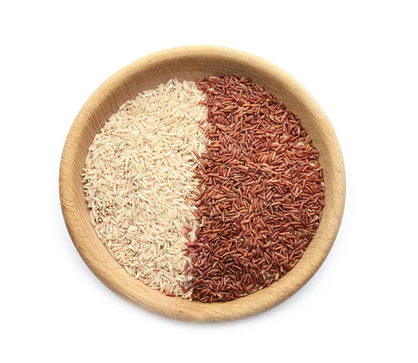 Cuenco de madera con arroz de carga marrón y rojo — Foto de Stock