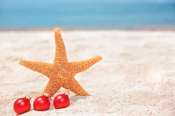 Sea star och dekorationer på stranden. Jul semester koncept — Stockfoto