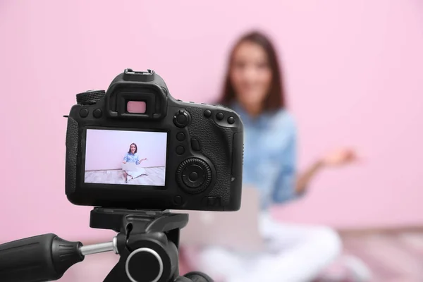 Young female blogger on camera screen — Stock Photo, Image
