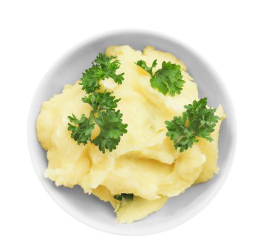 Püresi patates üzerinde beyaz izole kase,