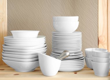 Ahşap saklama standı ile seramik dishware