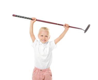 Küçük kız beyaz izole golf sürücü