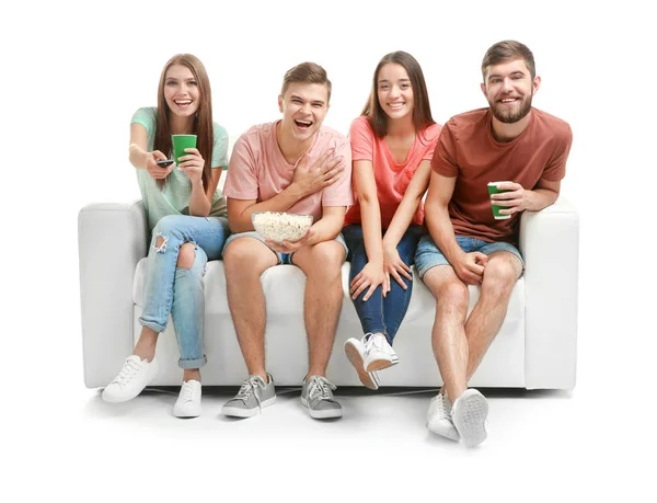 Vrienden, Tv kijken op de Bank, geïsoleerd op wit — Stockfoto
