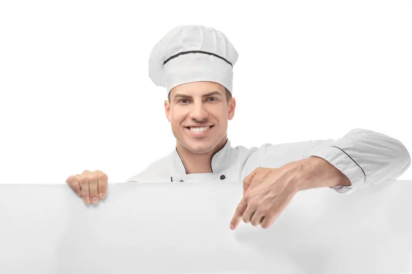 Chef masculino com cartaz em branco no fundo branco — Fotografia de Stock