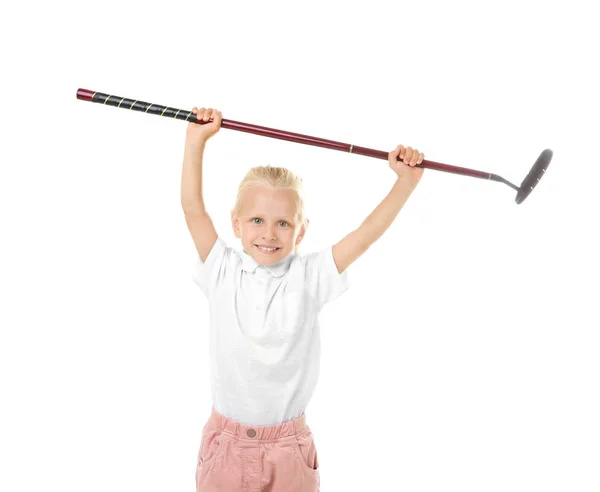 Malá holčička s ovladačem golf izolované na bílém — Stock fotografie
