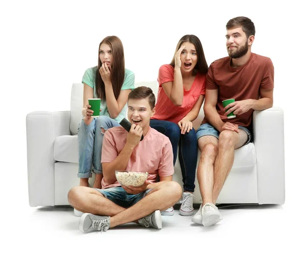 Amigos viendo la televisión, aislados en blanco —  Fotos de Stock