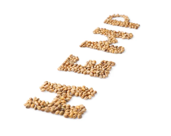 Palavra HEMP feito de sementes em fundo branco — Fotografia de Stock