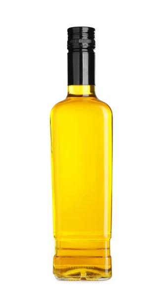 Botella de vidrio con aceite de oliva aislado en blanco —  Fotos de Stock