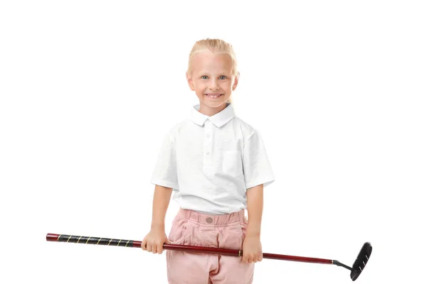 Little girl with golf driver isolated on white — Stock Photo, Image