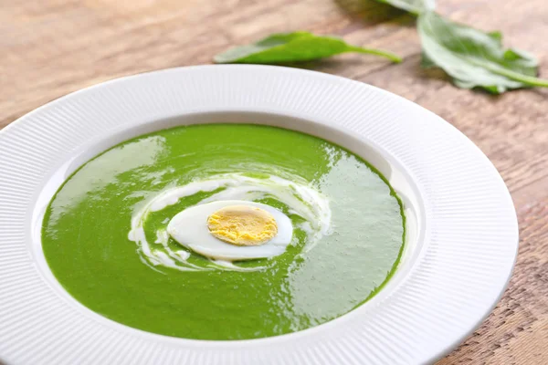 Teller mit leckerer Spinatsuppe — Stockfoto