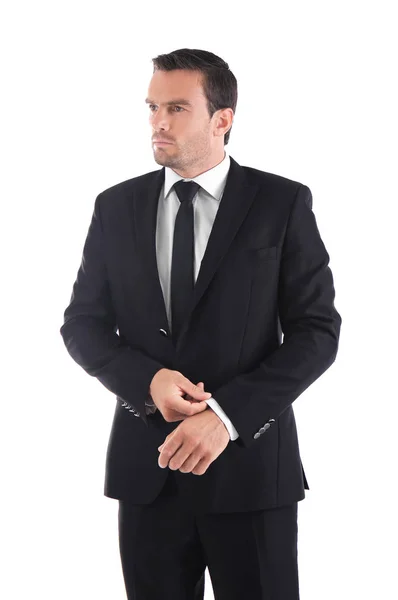Homem bonito em terno preto elegante — Fotografia de Stock