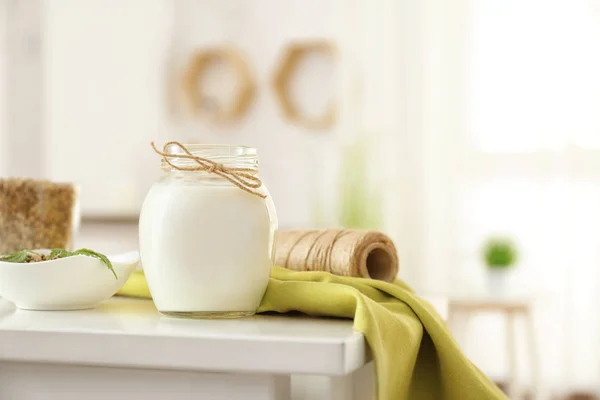 Jar with hemp milk — Stock Photo, Image