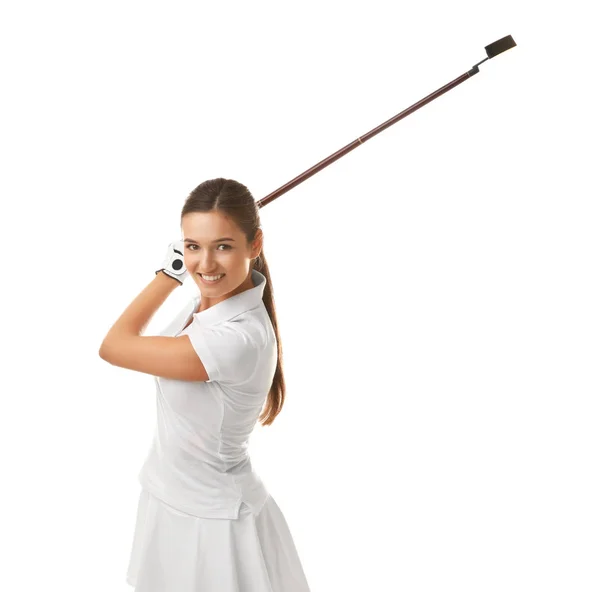 Hermosa mujer joven con hierro de golf sobre fondo blanco —  Fotos de Stock