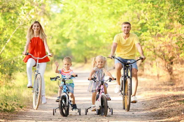 Lycklig familj ridning cyklar i parken på solig dag — Stockfoto