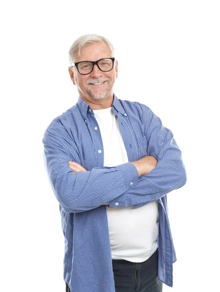 Oudere man met bril op witte achtergrond — Stockfoto