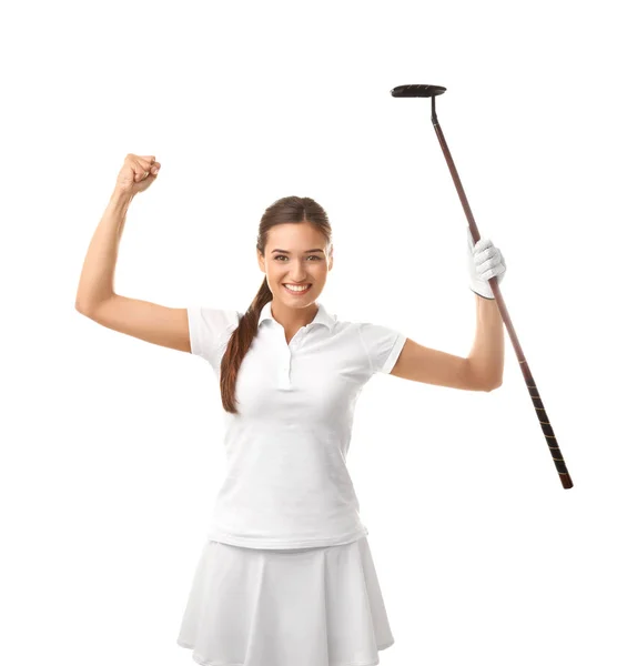 Mulher bonita com ferro de golfe regozijando-se sobre a vitória no fundo branco — Fotografia de Stock