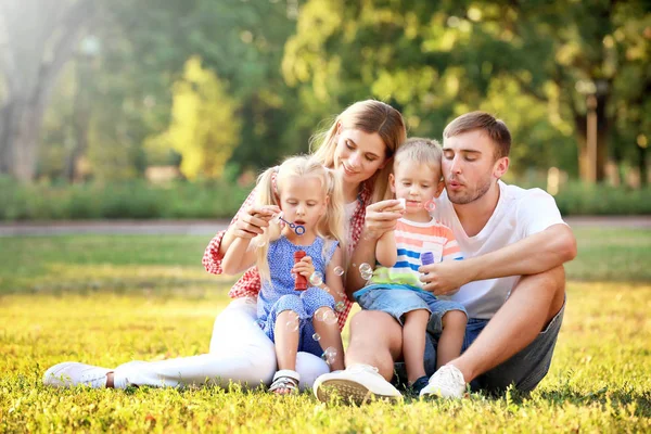 Счастливая семья раздувает мыльные пузыри в парке в солнечный день — стоковое фото