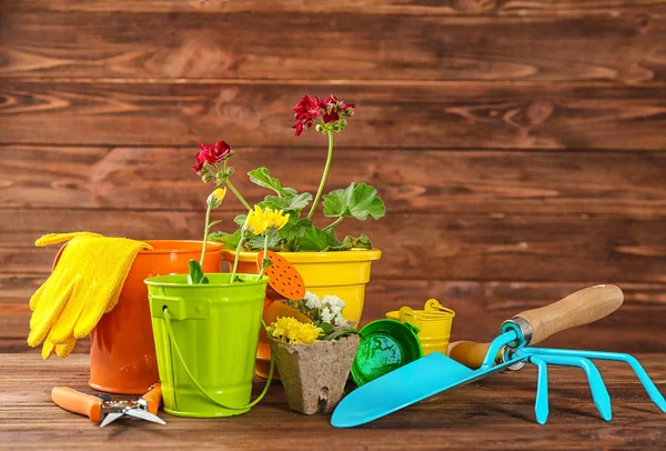 Composición con flores y herramientas de jardinería — Foto de Stock