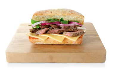 Biftekli sandviç ve ahşap tahta 