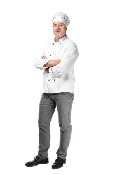 Chef masculin en uniforme sur fond blanc — Photo