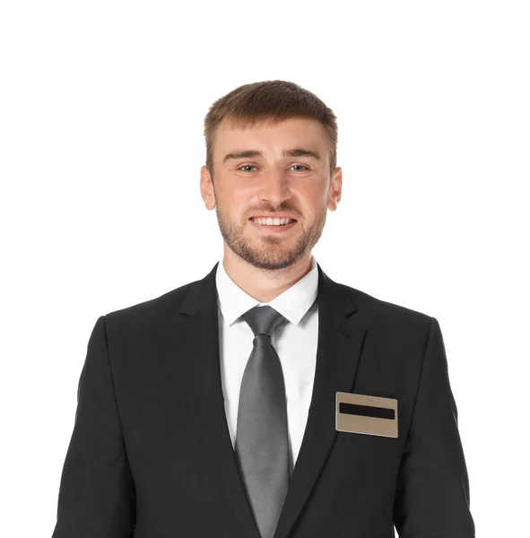 Recepcionista de hotel masculino en uniforme sobre fondo blanco — Foto de Stock