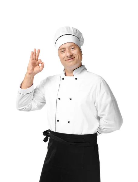 Masculino chef no uniforme no branco fundo — Fotografia de Stock
