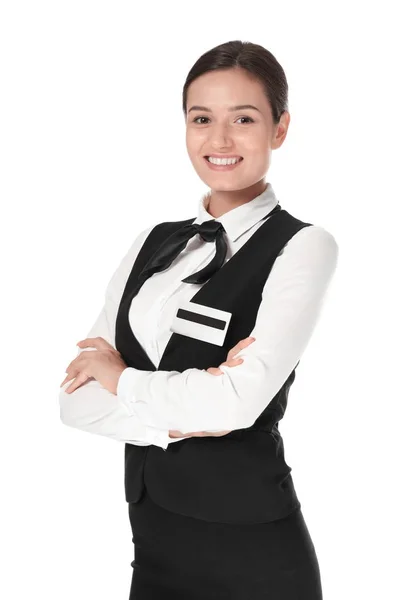 Female hotel receptionist in uniform on white background